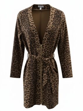 Leopard-Print Zip Over Coat with Tie Belt - Brown